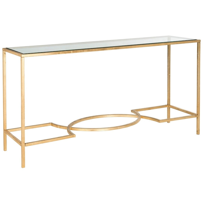 Gold Iron Console Table with Tempered Glass Top — 63"W × 16"D × 32"H