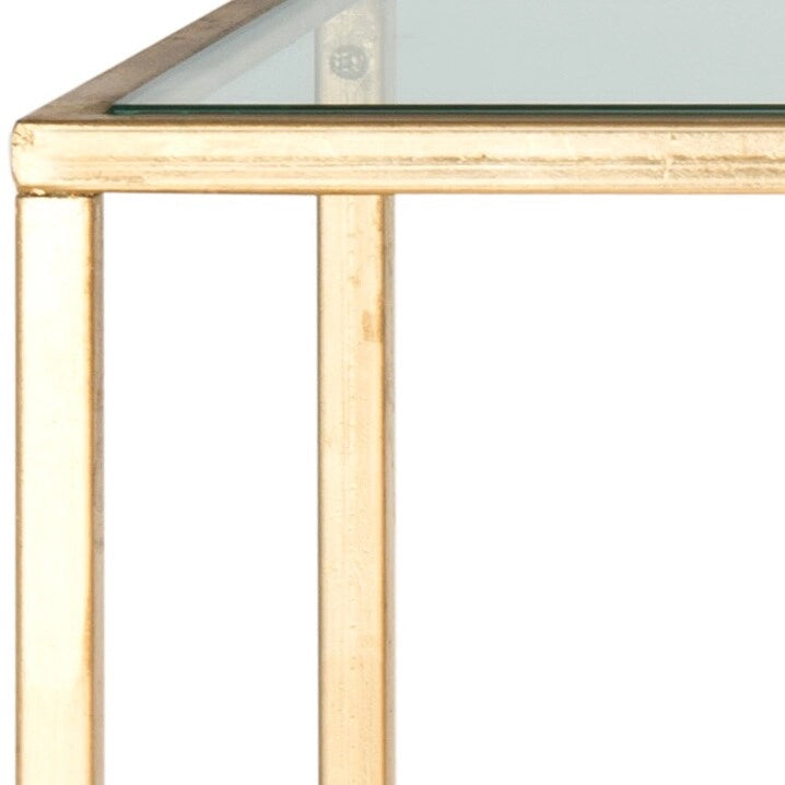 Gold Iron Console Table with Tempered Glass Top — 63"W × 16"D × 32"H
