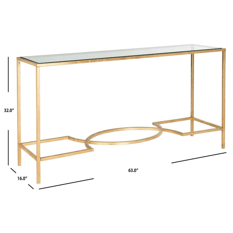 Gold Iron Console Table with Tempered Glass Top — 63"W × 16"D × 32"H