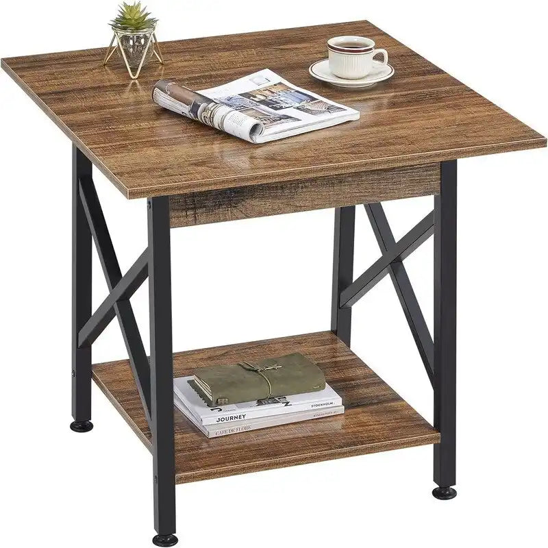 24" Industrial 2-Tier Square Side Table with X-Frame Metal Legs
