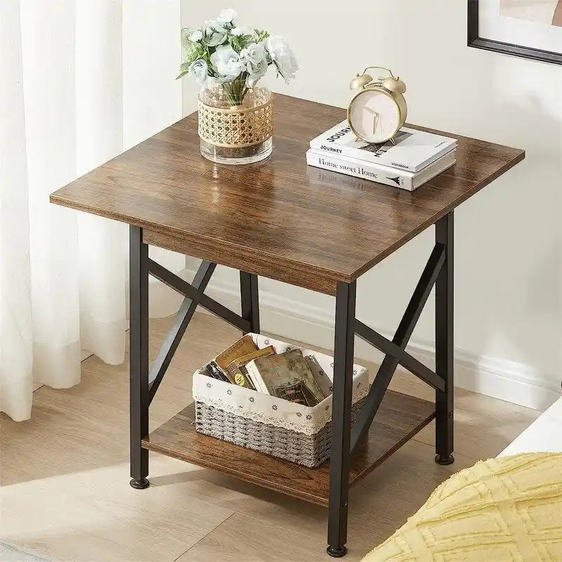 Table d’appoint carrée industrielle à 2 niveaux de 24" avec pieds en métal à structure en X