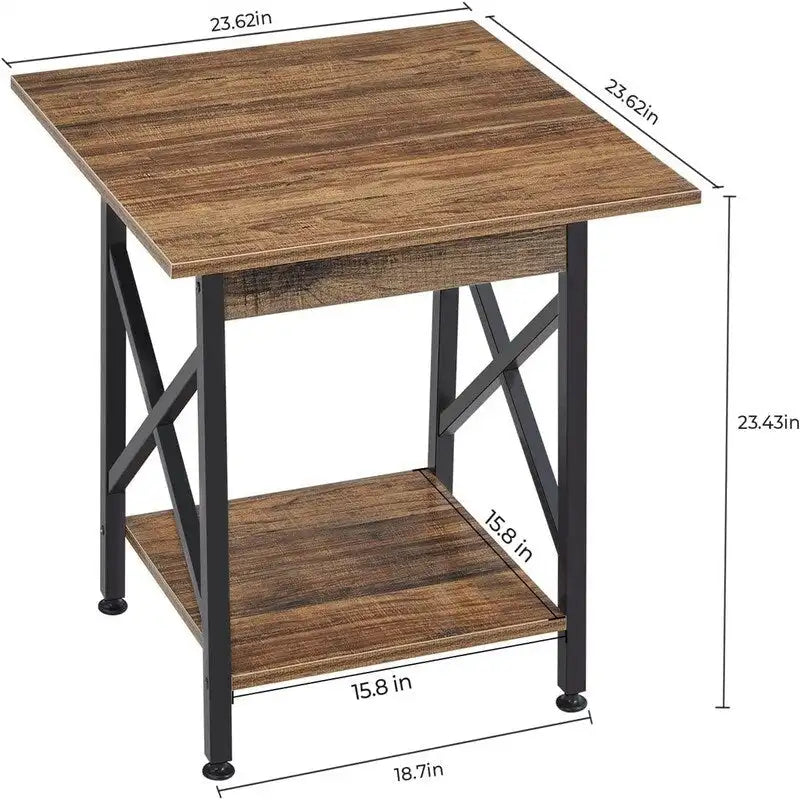 Table d’appoint carrée industrielle à 2 niveaux de 24" avec pieds en métal à structure en X