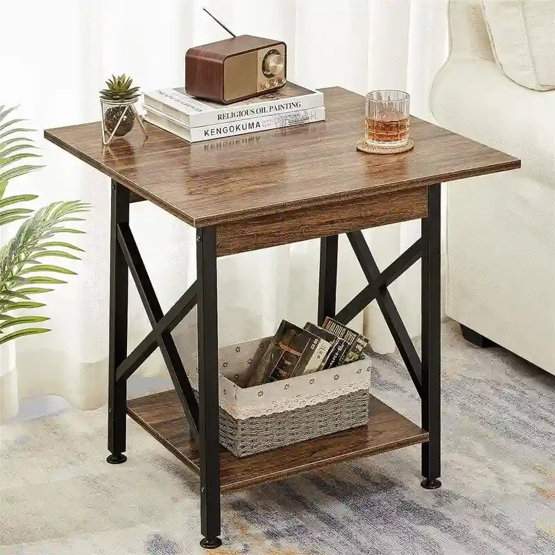 24" Industrial 2-Tier Square Side Table with X-Frame Metal Legs