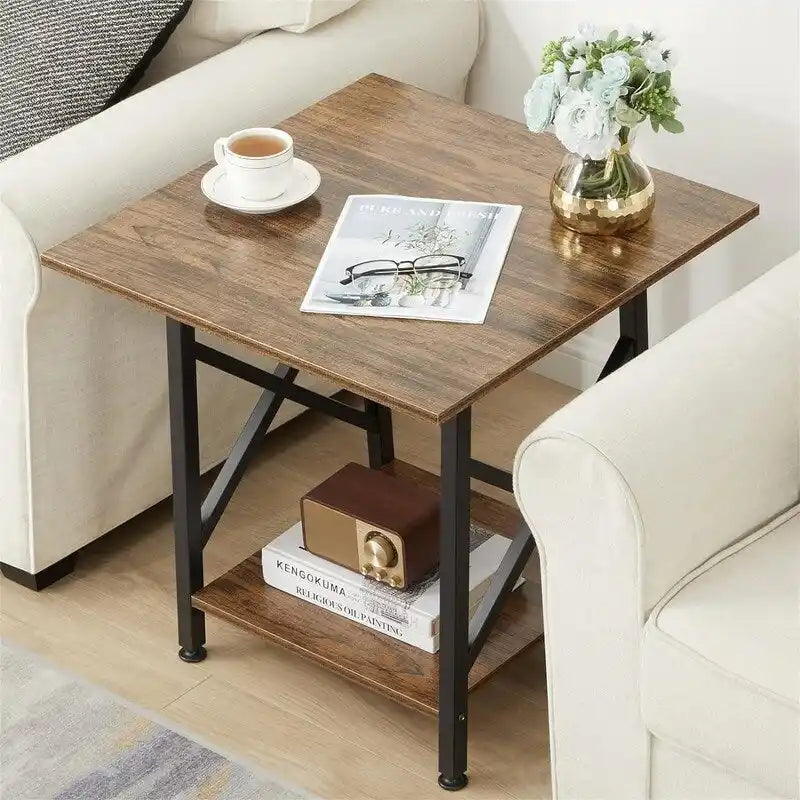 Table d’appoint carrée industrielle à 2 niveaux de 24" avec pieds en métal à structure en X