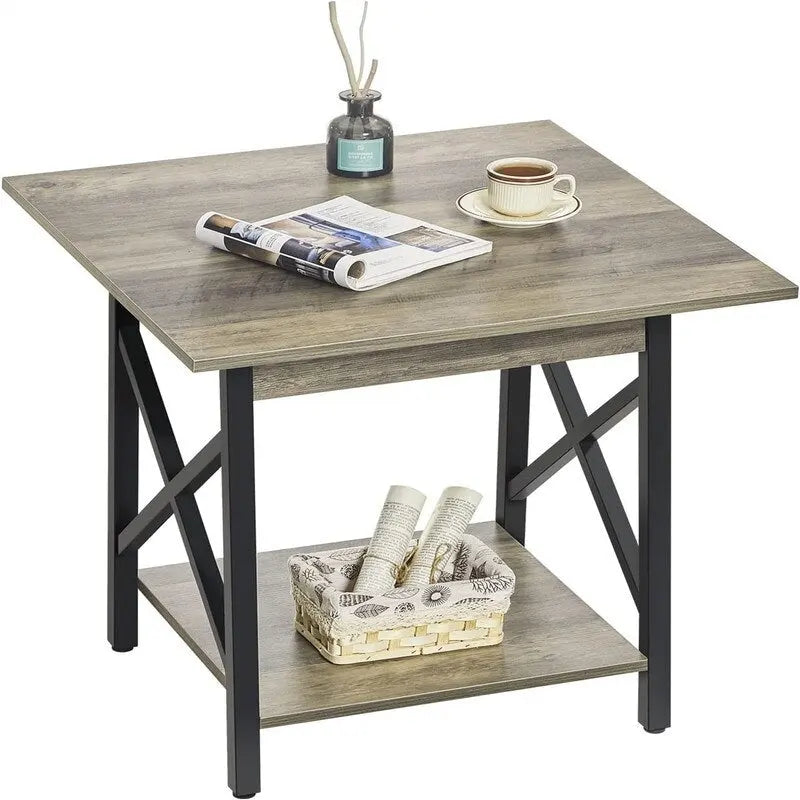 Table d’appoint carrée industrielle à 2 niveaux de 24" avec pieds en métal à structure en X