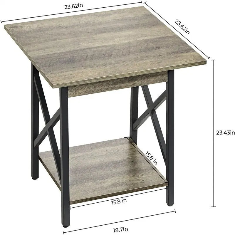 Table d’appoint carrée industrielle à 2 niveaux de 24" avec pieds en métal à structure en X