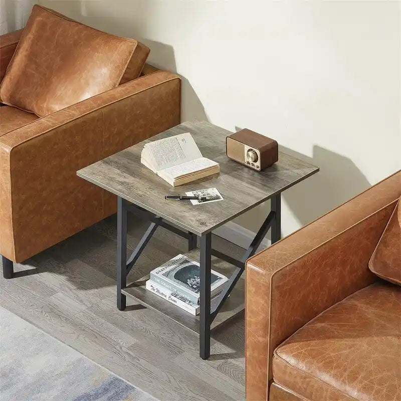 Table d’appoint carrée industrielle à 2 niveaux de 24" avec pieds en métal à structure en X