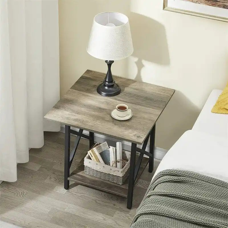Table d’appoint carrée industrielle à 2 niveaux de 24" avec pieds en métal à structure en X