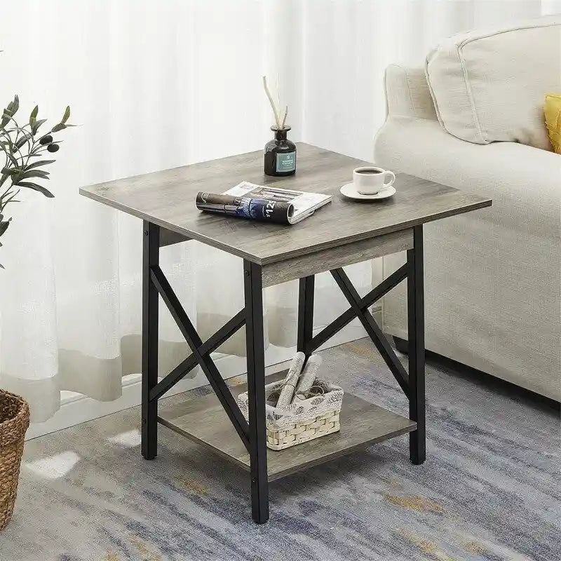 Table d’appoint carrée industrielle à 2 niveaux de 24" avec pieds en métal à structure en X