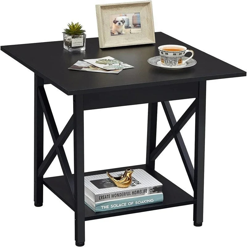 Table d’appoint carrée industrielle à 2 niveaux de 24" avec pieds en métal à structure en X