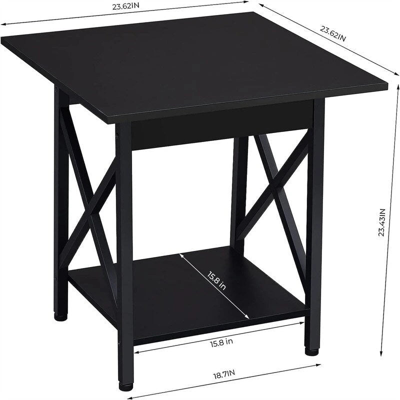 Table d’appoint carrée industrielle à 2 niveaux de 24" avec pieds en métal à structure en X