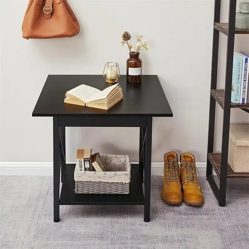 Table d’appoint carrée industrielle à 2 niveaux de 24" avec pieds en métal à structure en X
