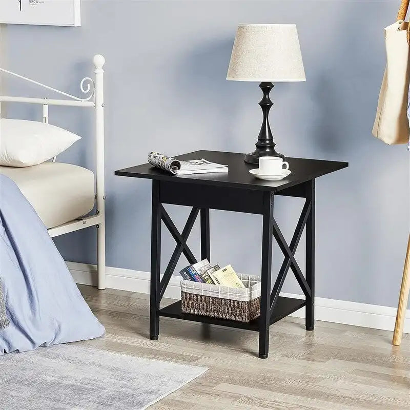 Table d’appoint carrée industrielle à 2 niveaux de 24" avec pieds en métal à structure en X