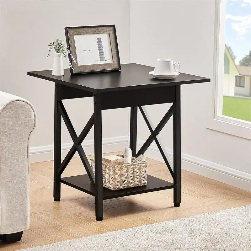 Table d’appoint carrée industrielle à 2 niveaux de 24" avec pieds en métal à structure en X