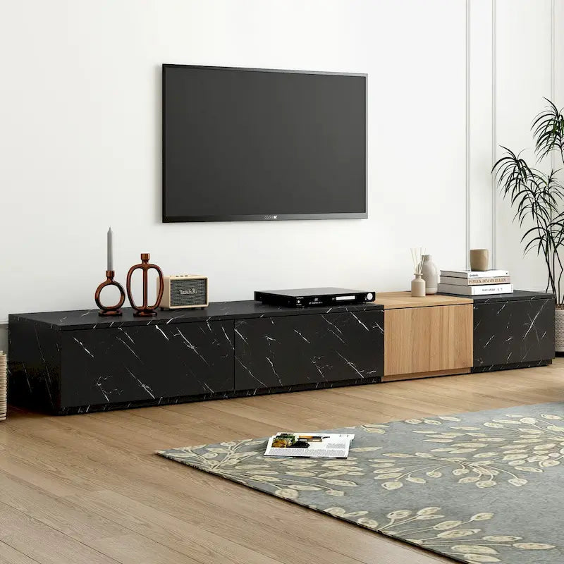 Meuble TV avec 4 tiroirs et plateau en faux marbre
