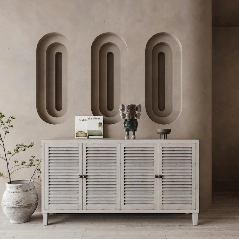 Sideboard-Buffetschrank mit 4 Türen und Lamellenfront — Naturholz-Lasur