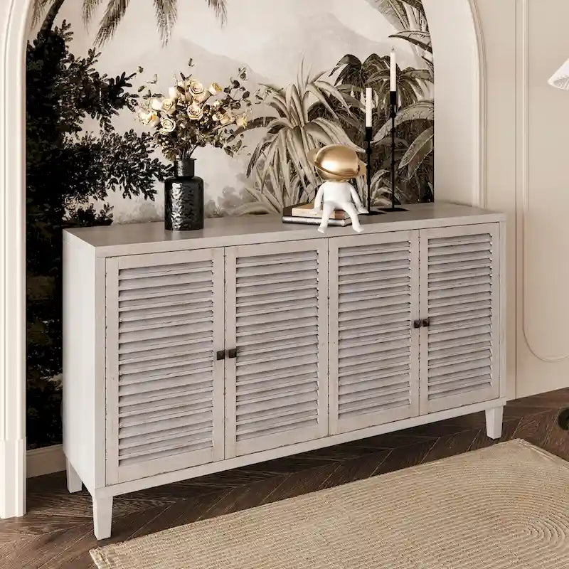 Sideboard-Buffetschrank mit 4 Türen und Lamellenfront — Naturholz-Lasur