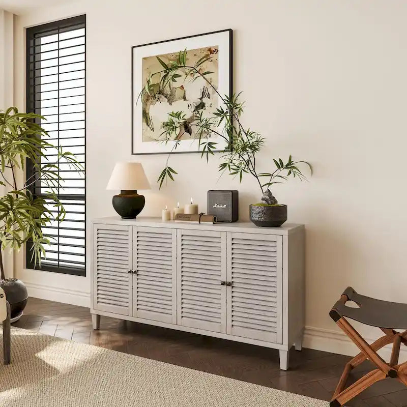 Sideboard-Buffetschrank mit 4 Türen und Lamellenfront — Naturholz-Lasur