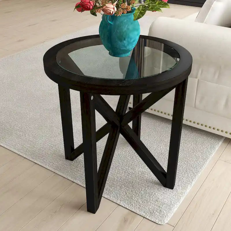 Round Tempered Glass Coffee Table with Solid Wood Tripod Base