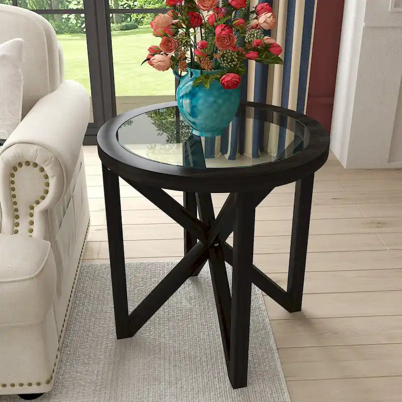 Round Tempered Glass Coffee Table with Solid Wood Tripod Base