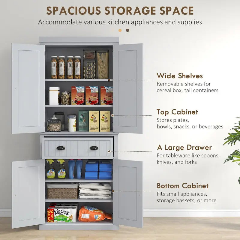 Spížní skříň ve venkovském stylu o šířce 72" se 4 dvířky a nastavitelnými policemi