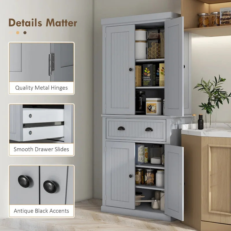72" Farmhouse Pantry Cabinet with 4 Doors & Adjustable Shelves