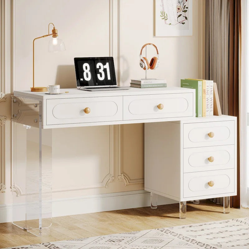 Schreibtisch mit 5 Schubladen und transparenten Acrylbeinen — modernes Homeoffice