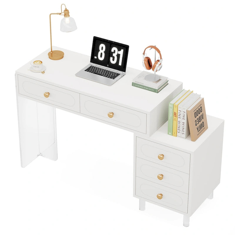 Schreibtisch mit 5 Schubladen und transparenten Acrylbeinen — modernes Homeoffice