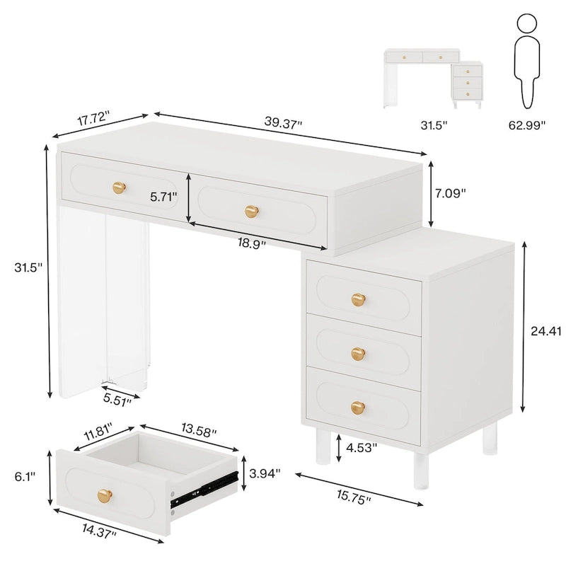 Schreibtisch mit 5 Schubladen und transparenten Acrylbeinen — modernes Homeoffice