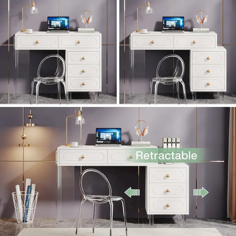Schreibtisch mit 5 Schubladen und transparenten Acrylbeinen — modernes Homeoffice