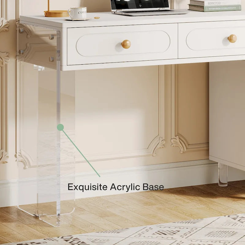 Schreibtisch mit 5 Schubladen und transparenten Acrylbeinen — modernes Homeoffice