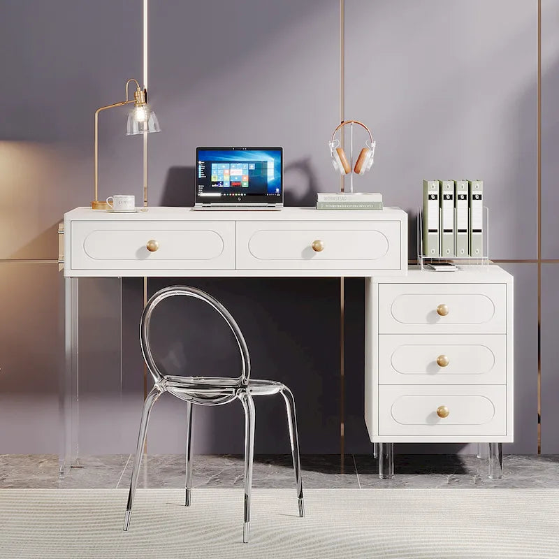 Schreibtisch mit 5 Schubladen und transparenten Acrylbeinen — modernes Homeoffice