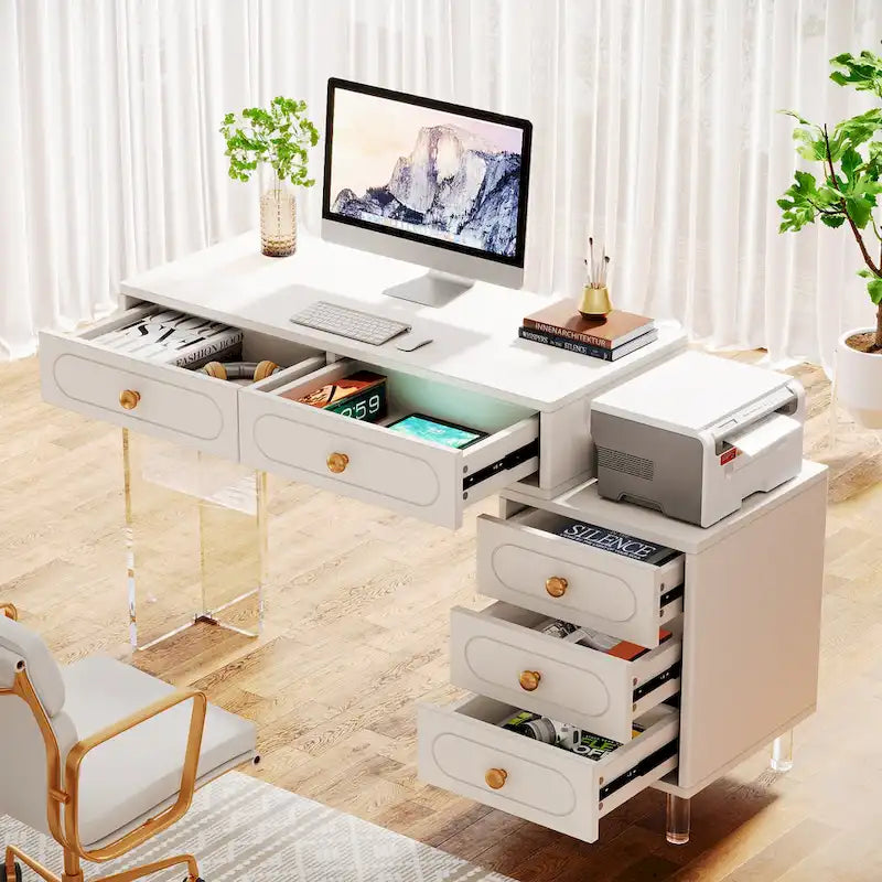 Schreibtisch mit 5 Schubladen und transparenten Acrylbeinen — modernes Homeoffice